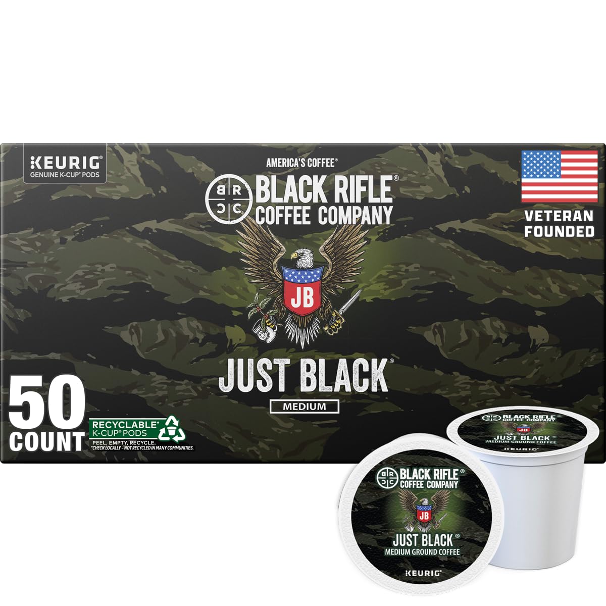 Black Rifle Coffee Company Just Black medium roast K Cups, 50 count, compatible with Keurig machines