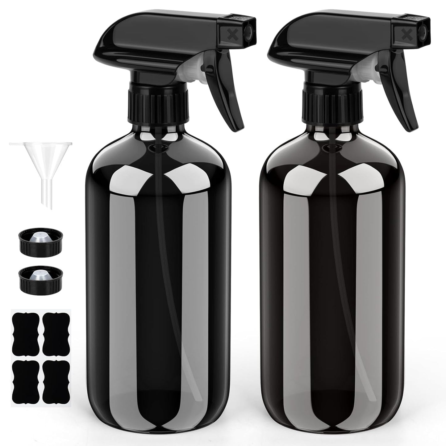 Bontip Glass Spray Bottle 16 oz for Cleaning, Plants (2 Pack, Amber) | Refillable amber spray bottle Set, BPA-free eco glass, With labels and funnel, Great for cleaners, plant misting, hair care