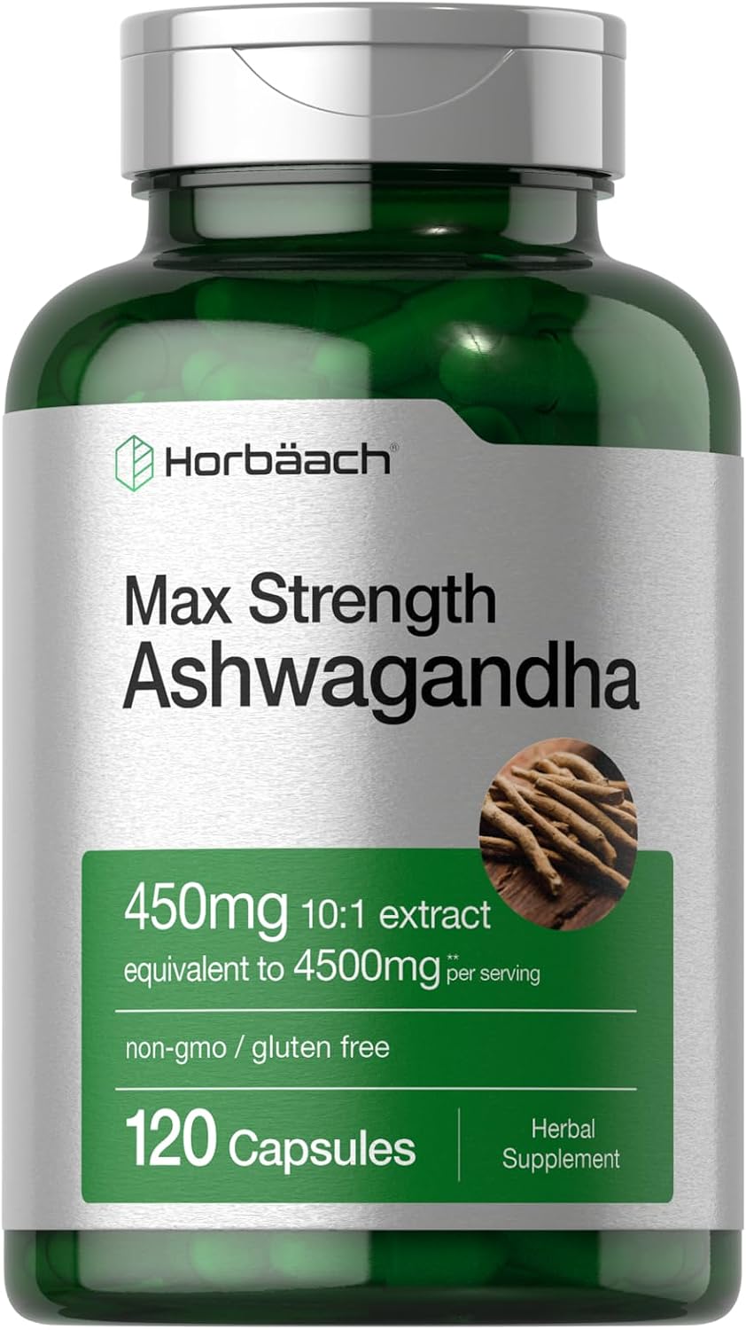 Horbäach Ashwagandha Supplement Max Strength 120 Capsules Non-GMO Gluten Free