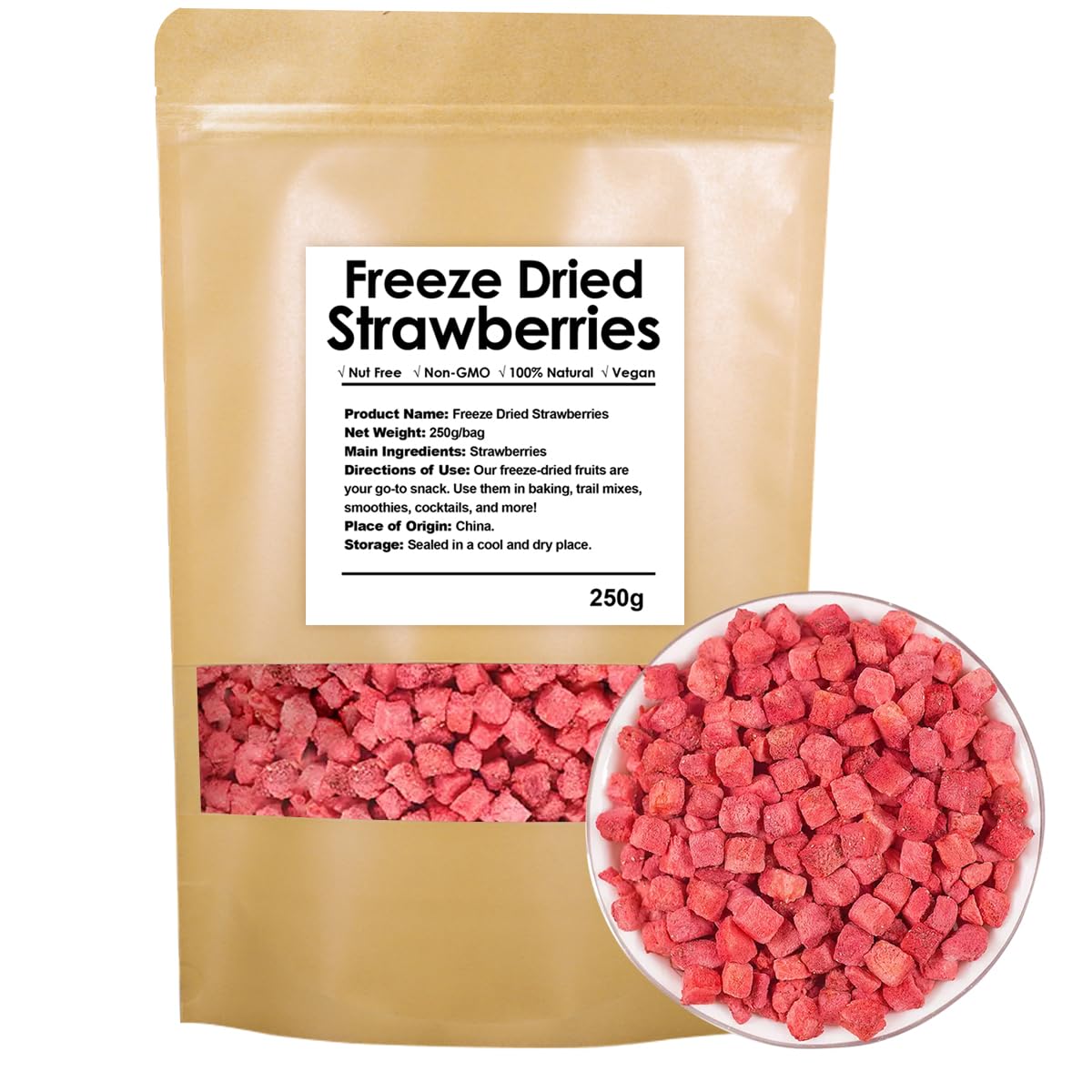 Freeze Dried Strawberries Pieces 8.8 Oz/250g, 100% Natural, No Additives, No Sugar