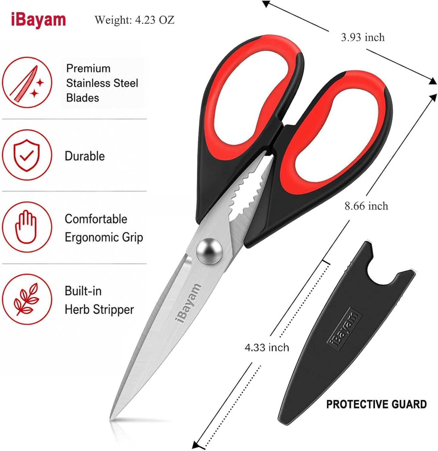 iBayam 3-Pack 8.7" Kitchen Scissors All Purpose Heavy Duty Shears w/Sheath | Soft Comfort Grip, Dishwasher Safe, Stainless Micro-Serrated Edge Blades, Cooking Poultry Herbs Meat Kitchen Utensils Gadgets