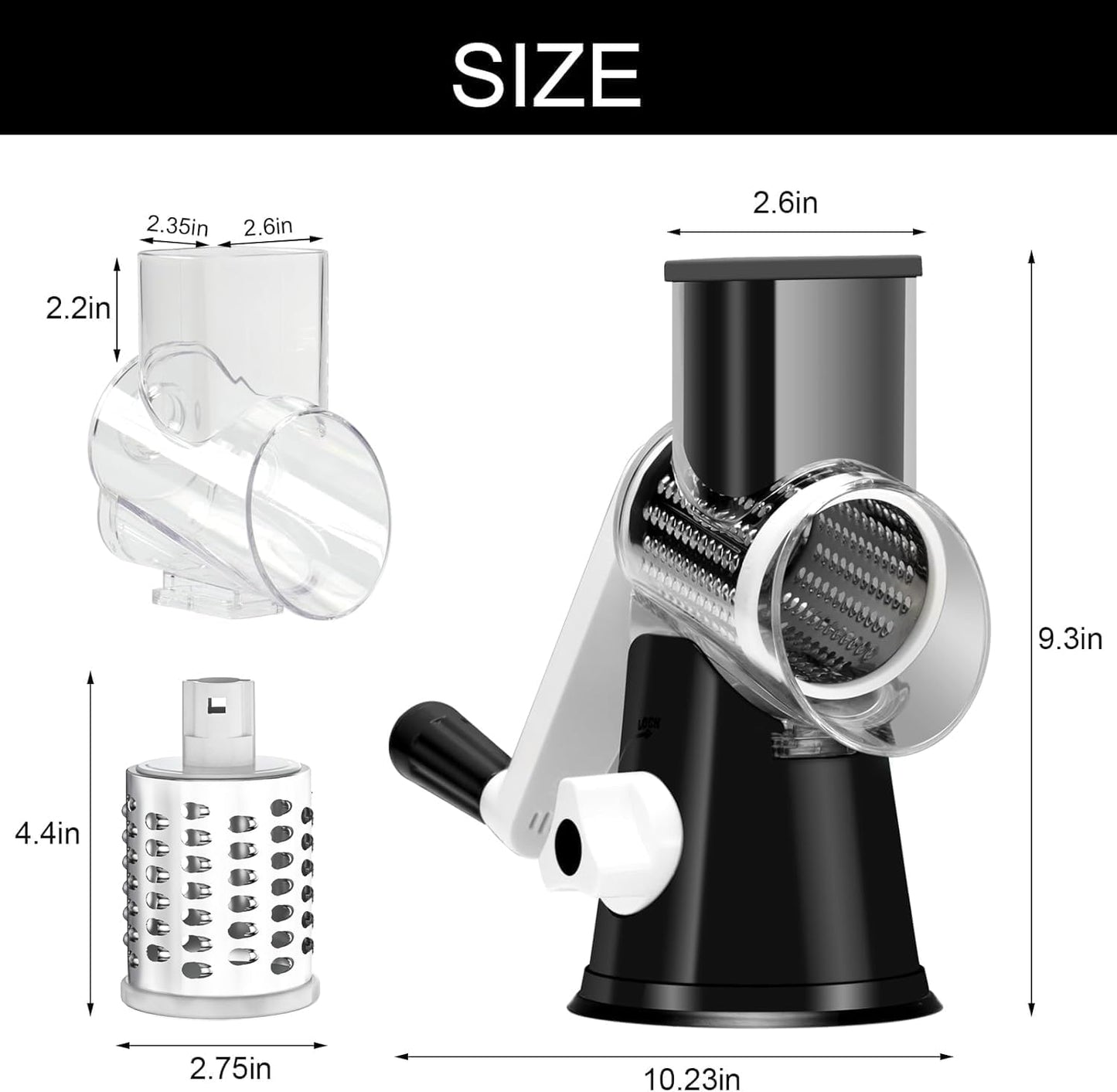 Cambom Rotary Cheese Grater Hand Crank Cheese Shredder, Black | for Fresh Cheese, Vegetable, Nuts,Non-slip Suction Base, Three Blades