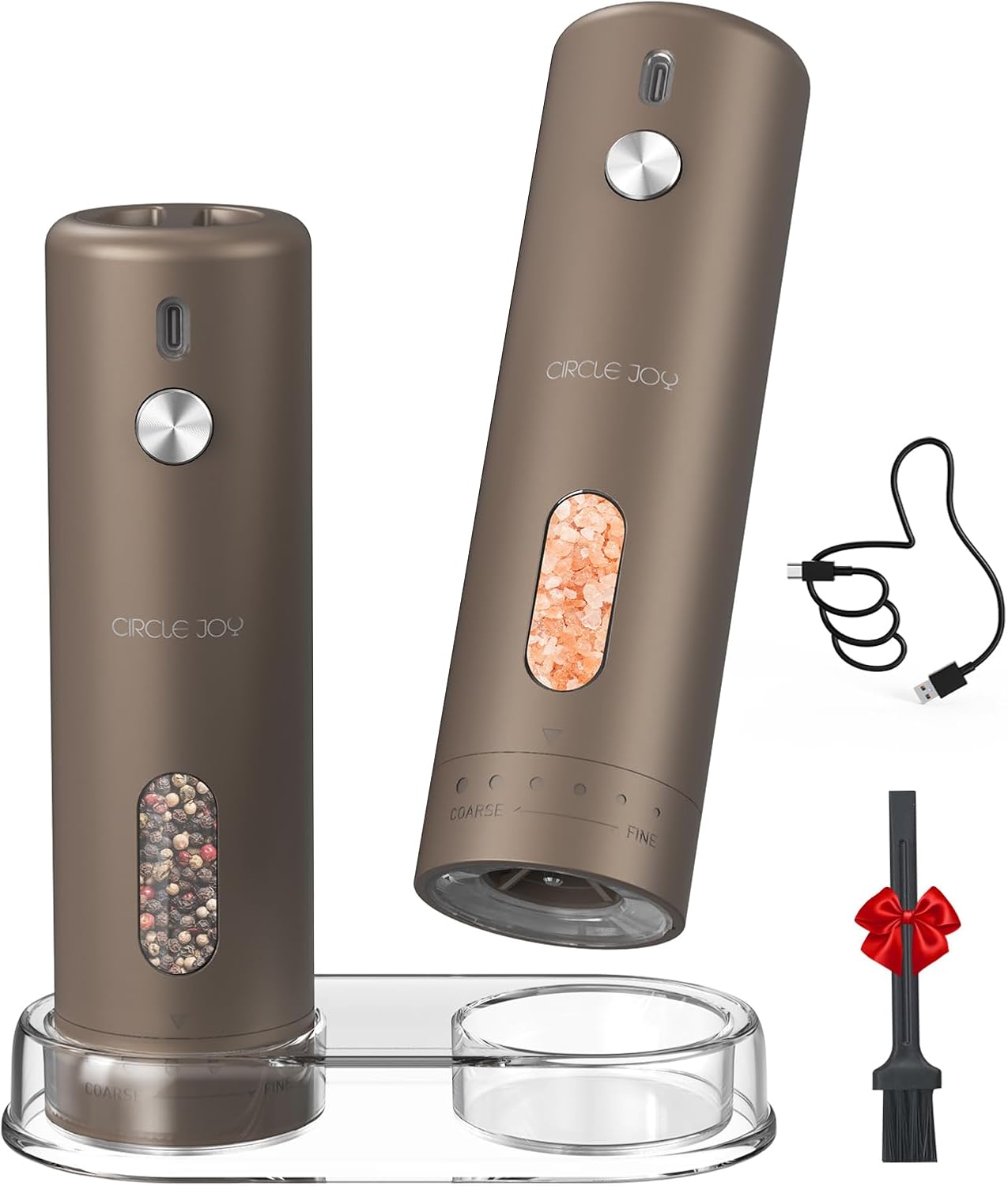 CIRCLE JOY Electric Rechargeable Salt and Pepper Grinder Set Top-Refill Automatic Pepper Mill Grinder with Charging Base, Adjustable Coarseness, Easy Filling Larger Capacity with Led for Home Kitchen