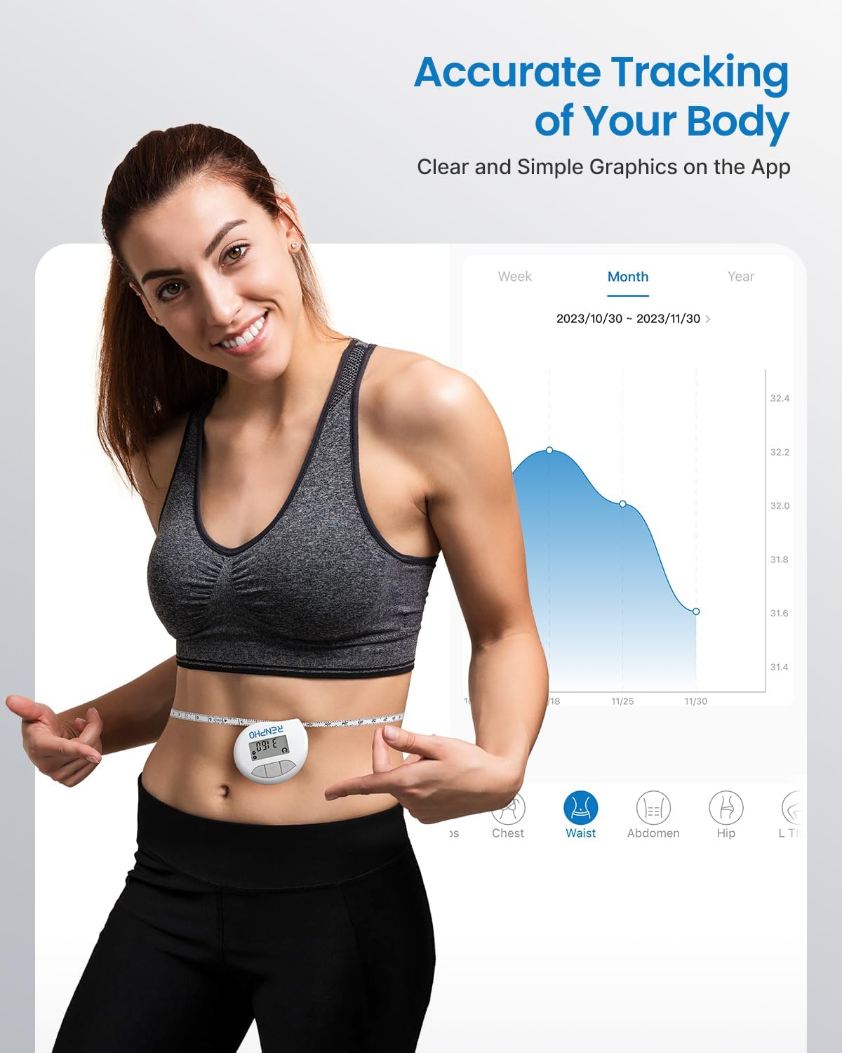 RENPHO Bluetooth Body Measuring Tape, 60in/150cm, White