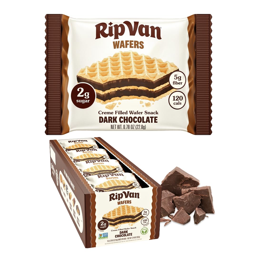 Rip Van Dark Chocolate Wafer Cookies - Healthy Snacks - Non GMO, Keto, Low Carb, Low Sugar (2g), Low Calorie and Vegan, 16 Count
