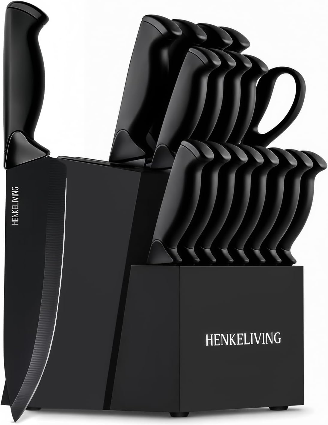 14-Piece Black Kitchen Knife Block Set with Built-In Sharpener | German high-carbon stainless steel blades, dishwasher safe, ultra-sharp edges, ergonomic non-slip handles