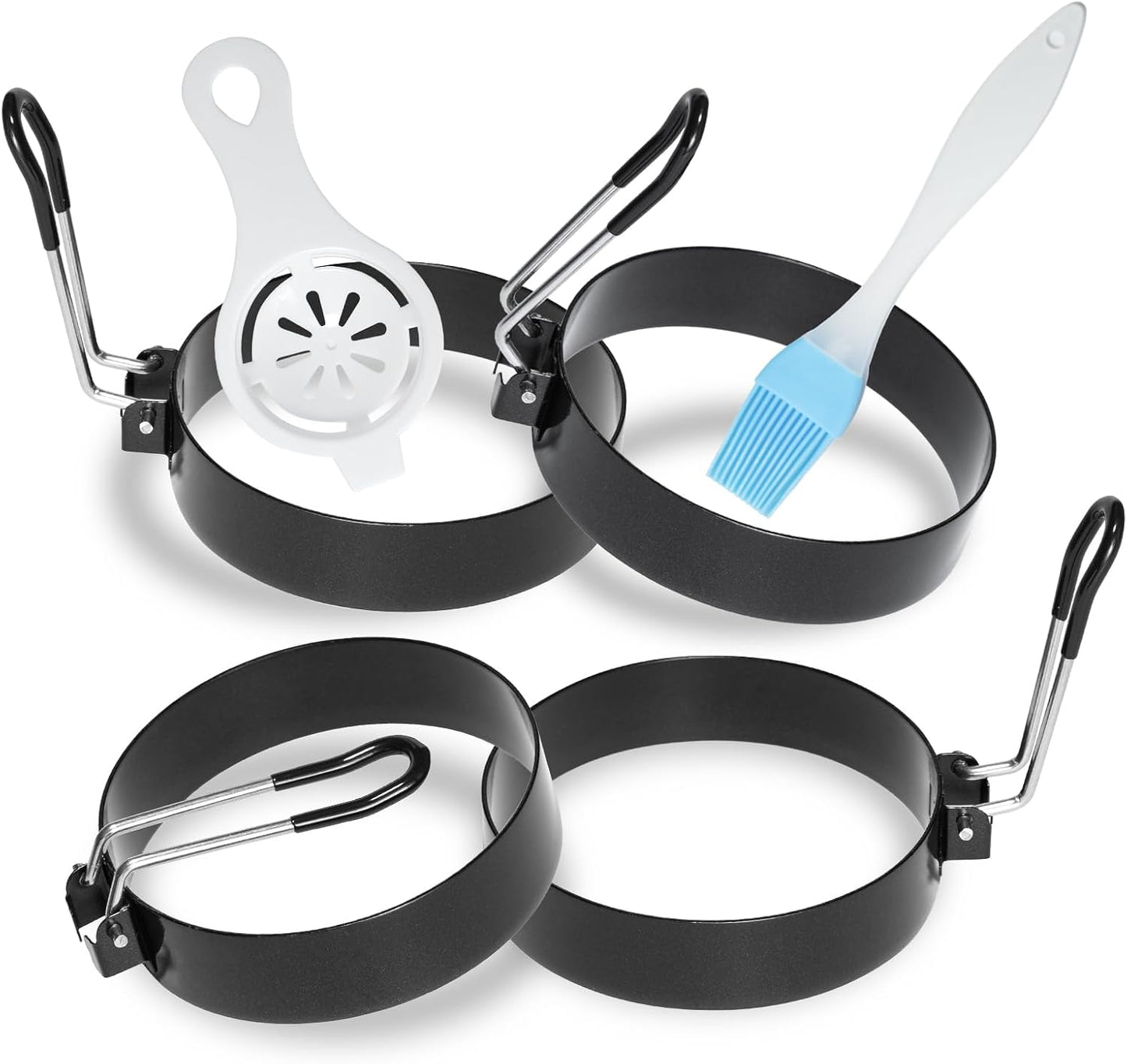 4 Pack 3.5 Inch Nonstick Stainless Steel Egg Rings for Frying Eggs | Round Griddle Cooking Molds with Oil Brush & Egg Separator for Pancake, Egg Sandwich and English Muffin Breakfast Making
