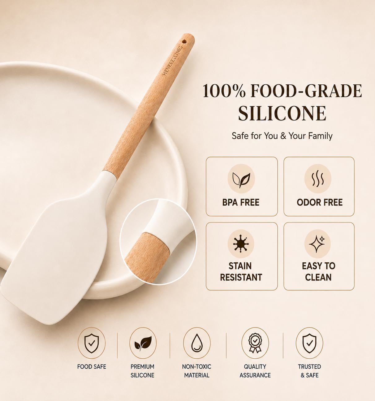 Silicone 10 Pcs Kitchen Cooking Utensils Set, Recycled Materials Certification, BPA Free Spatula Set with Heat Resistant Wood Handles for Nonstick Cookware, Cream White