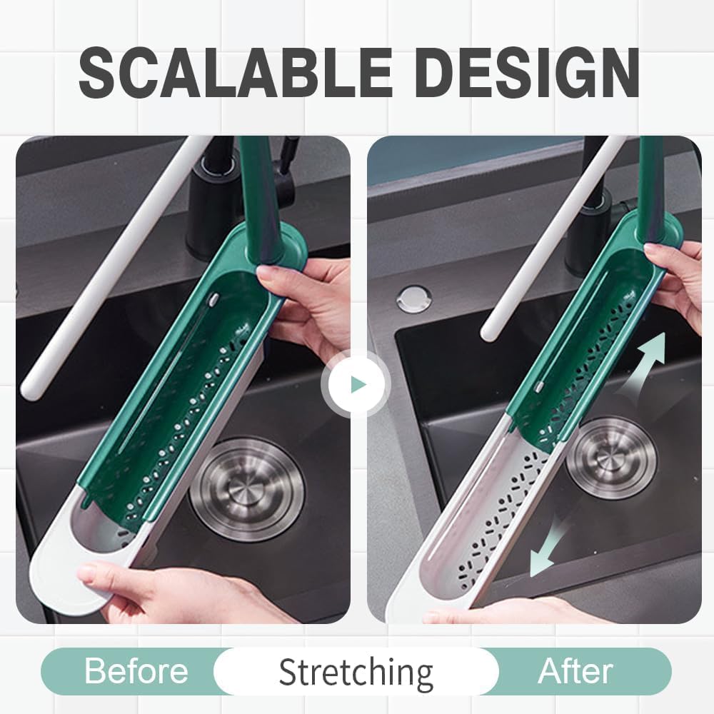 Telescopic Sink Storage Rack, 2026 Upgraded 2-in-1 Adjustable Drainer with Sponge Holder, Expandable Kitchen Sink Organizer with Dishcloth Hanger and Bracket, Kitchen Sink Gadgets (Red)
