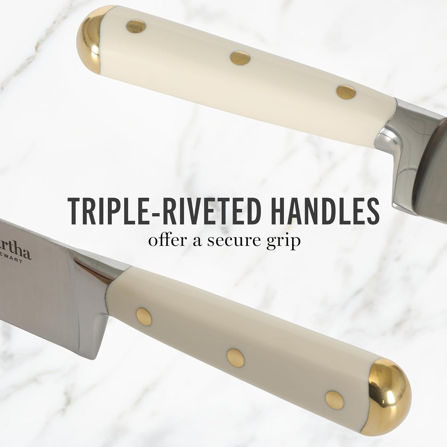 Martha Stewart Knife Block Set 16-Piece - Lockton High Carbon Stainless Steel Forged Full Tang Chef Knives, Acacia Wood Block, Triple Riveted Handles, Linen White & Gold