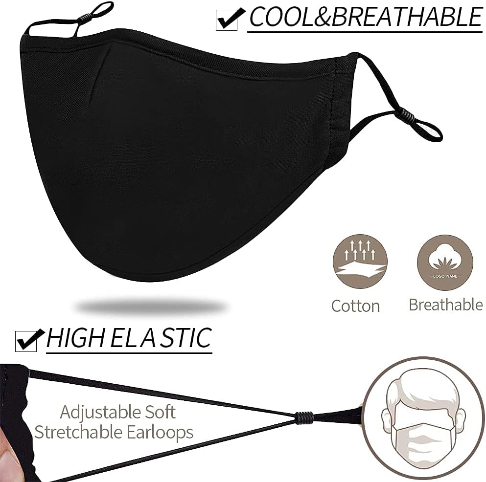 Black Reusable Breathable Cloth Face Mask, Adjustable Washable Face Protection Cover for Men and Women