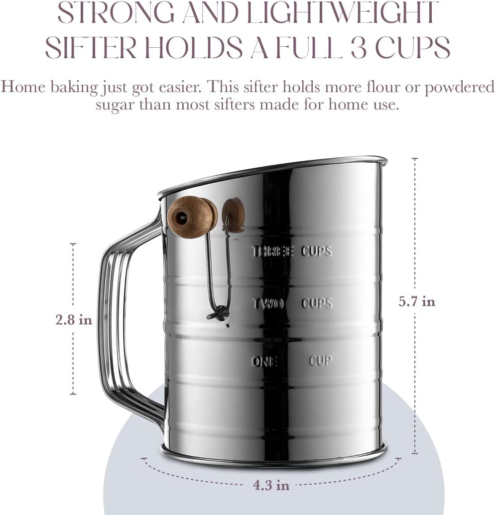 Bellemain 3 Cup Flour Sifter for Baking Fine Mesh Rotary Hand Crank with Loop Agitator for Quick Sifting, Flour Sifter Stainless Steel