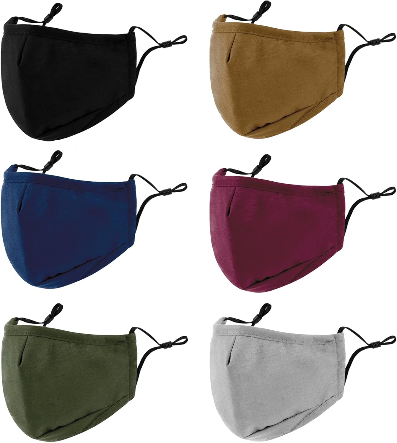 3-Ply Cloth Face Mask 6 Pack, Washable and Reusable Face Covering in Black, Grey, Wine Red, Dark Green, Dark Blue, Brown