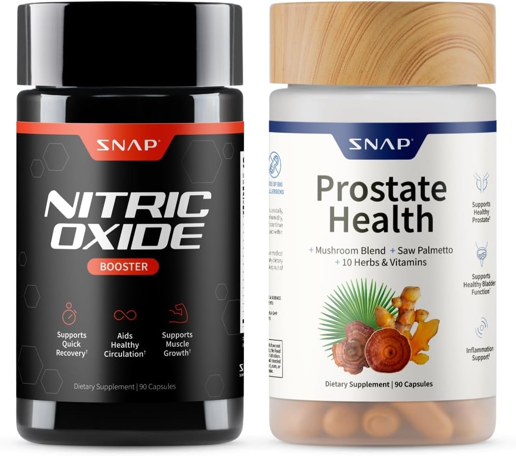 Snap Supplements Nitric Oxide Booster + Prostate Health Supplements for Men, Circulation, Stamina & Urinary Support, L-Citrulline, L-Arginine, Saw Palmetto for Men, Caffeine-Free, 60 + 90 Capsules