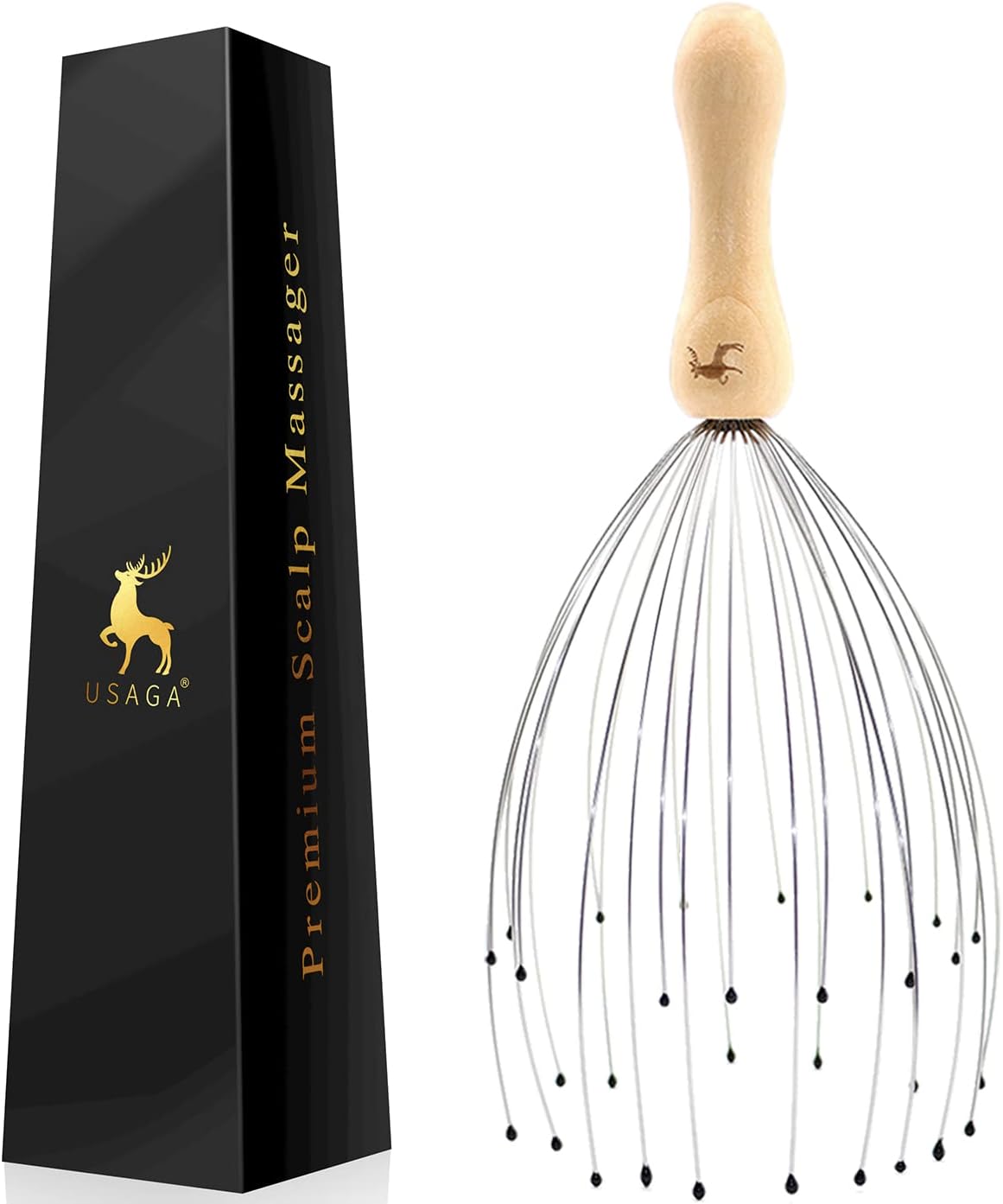 USAGA 32 Fingers Head Massager Wood Handle Scalp Relaxer