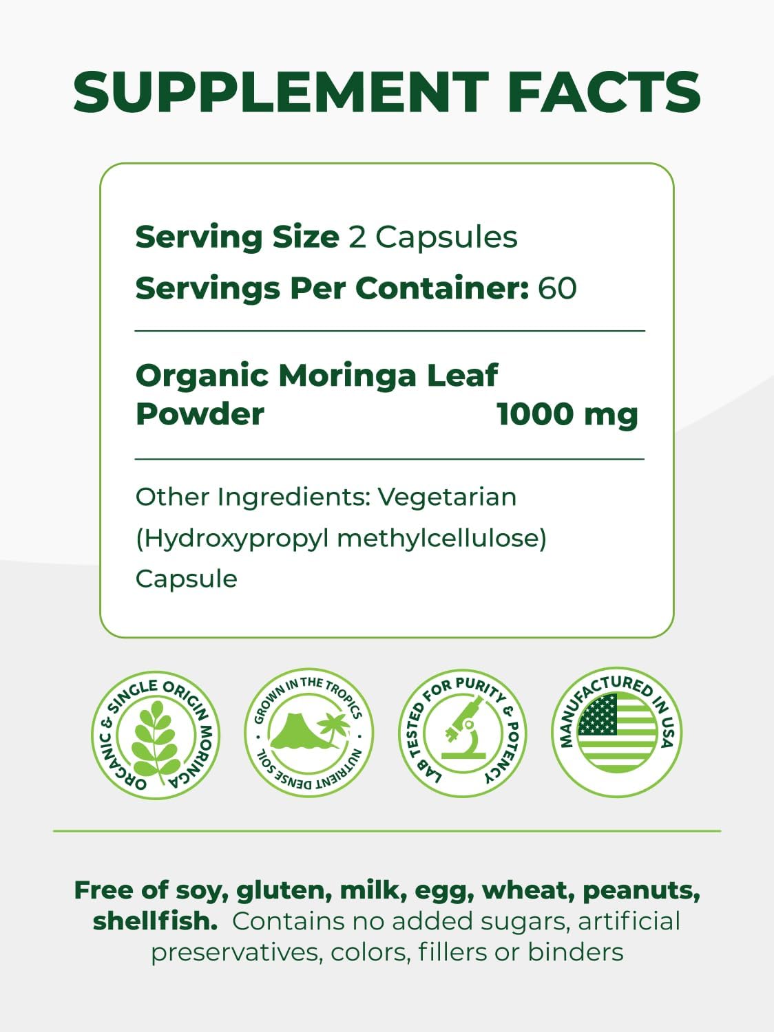 PURA VIDA MORINGA Organic Moringa Capsules, Pure Moringa Leaf Powder Single Origin for Energy, Metabolism & Immune Support, 120ct, 500mg Caps