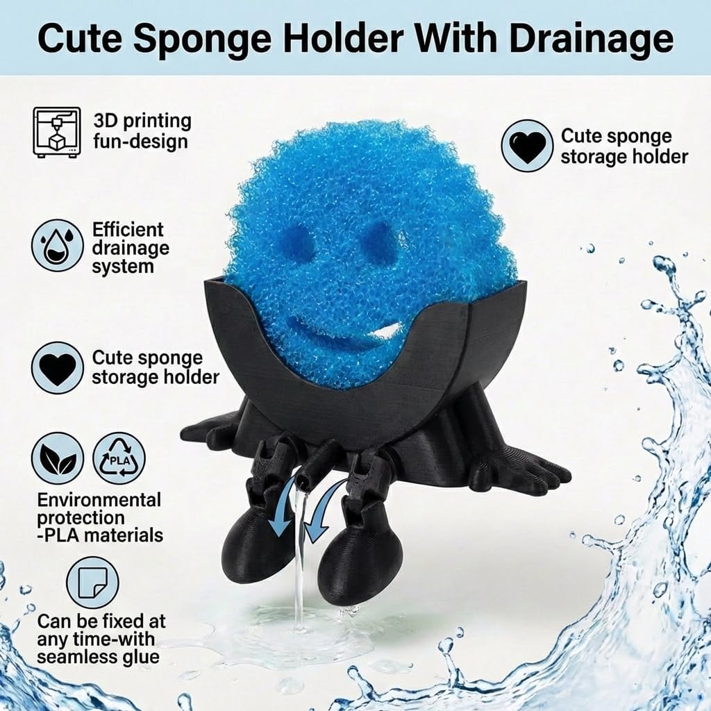 Creative Drainage Sponge Holder: Traceless Glue, 3D Printed Funny Kitchen Sink Holder, Keeps Sponge Dry – for Scrub Daddy (1, Black)