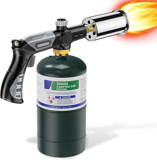 Sondiko Powerful Grill & Cooking Propane Torch L8010, Sous Vide, Welding Torch, Adjustable Wood Torch Burner for Searing Steak, BBQ, Campfire Starter(Black, Grey) Propane Tank Not Included
