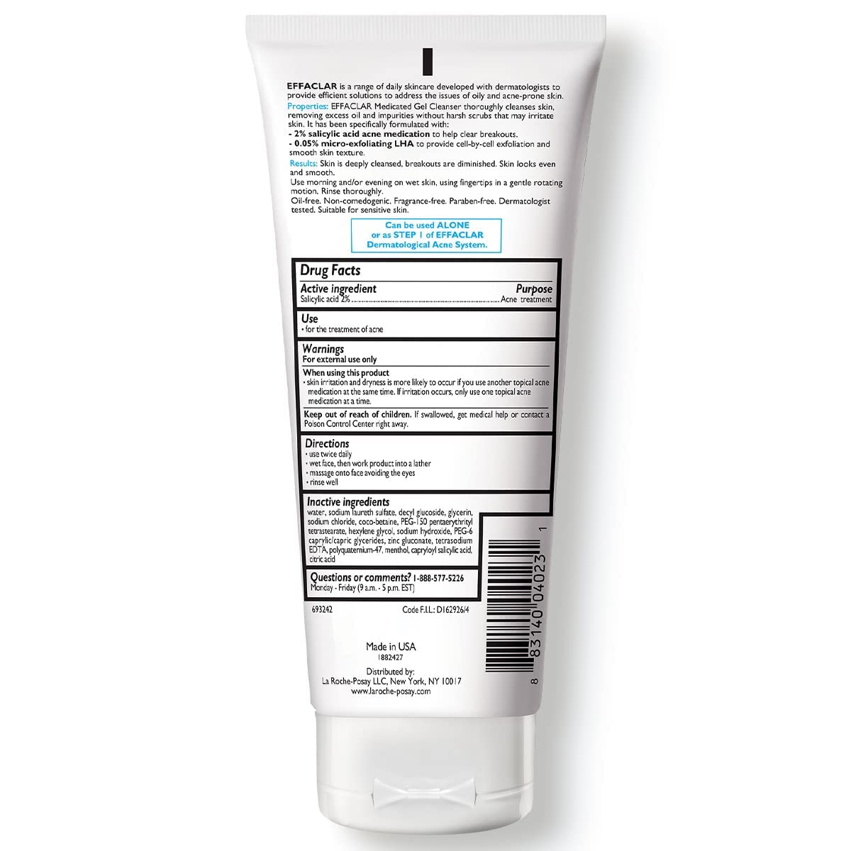 La Roche-Posay Effaclar Medicated Gel Cleanser, 2% Salicylic Acid Cleanser + LHA + Glycerin, Dermatologist Tested Foaming Acne Face Wash, Clear & Prevent Acne Breakouts, Oil Free, Targets Excess Oil