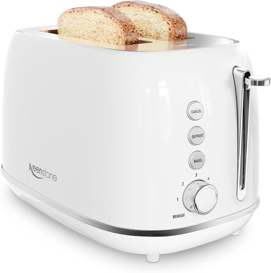 Keenstone 2 Slice Toaster, Retro Stainless Steel Kitchen Essentials, White | Retro Kitchen Decor, 18/8 Food-Grade Steel, 1.5” Slots & 6 Browning Levels, Bagel/ Defrost/ Reheat, Removable Crumb Tray
