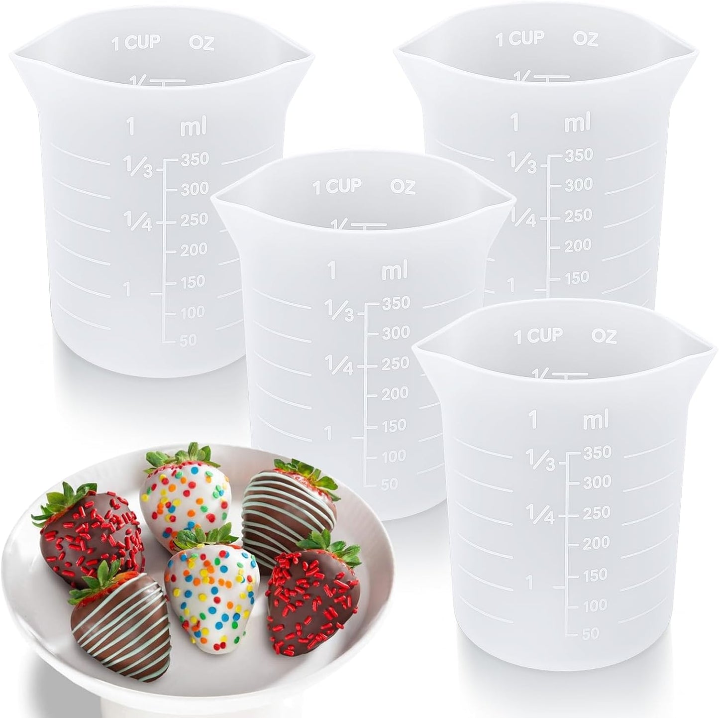 Palksky Silicone Chocolate Melting Cup Set with 4 Silicone Measuring Cups (250ml & 350ml) and 4PCS Heat-Resistant Jar Spatulas, Non-Stick Baking Tools for DIY Chocolate, Butter & Cream Mixing