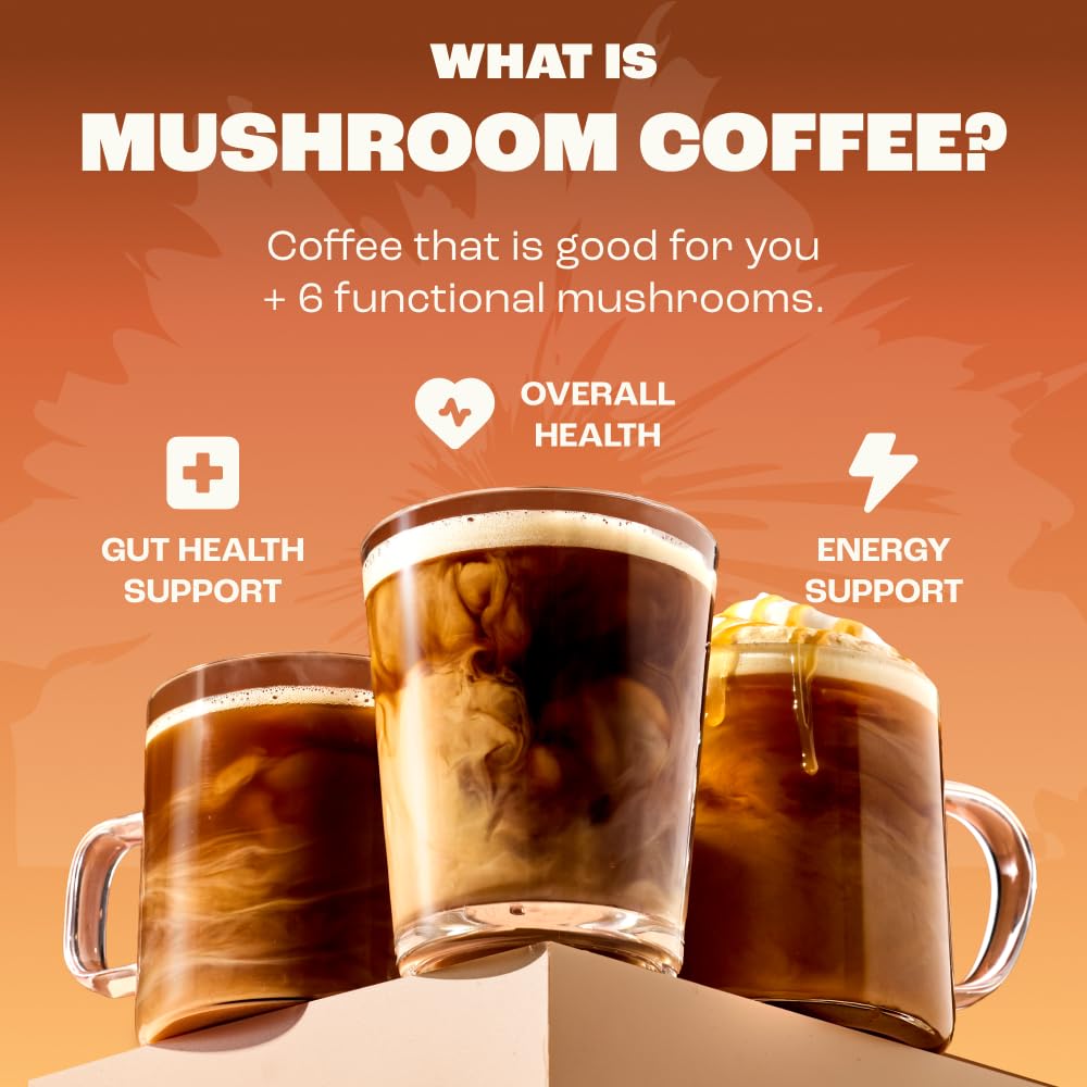 RYZE SUPERFOODS Mushroom Medium Roast Coffee USDA Organic with 6 Adaptogenic Mushrooms, USA Grown Instant Coffee for Better Energy, Focus Digestion Immunity with Lions Mane & Turkey Tail 30 Servings