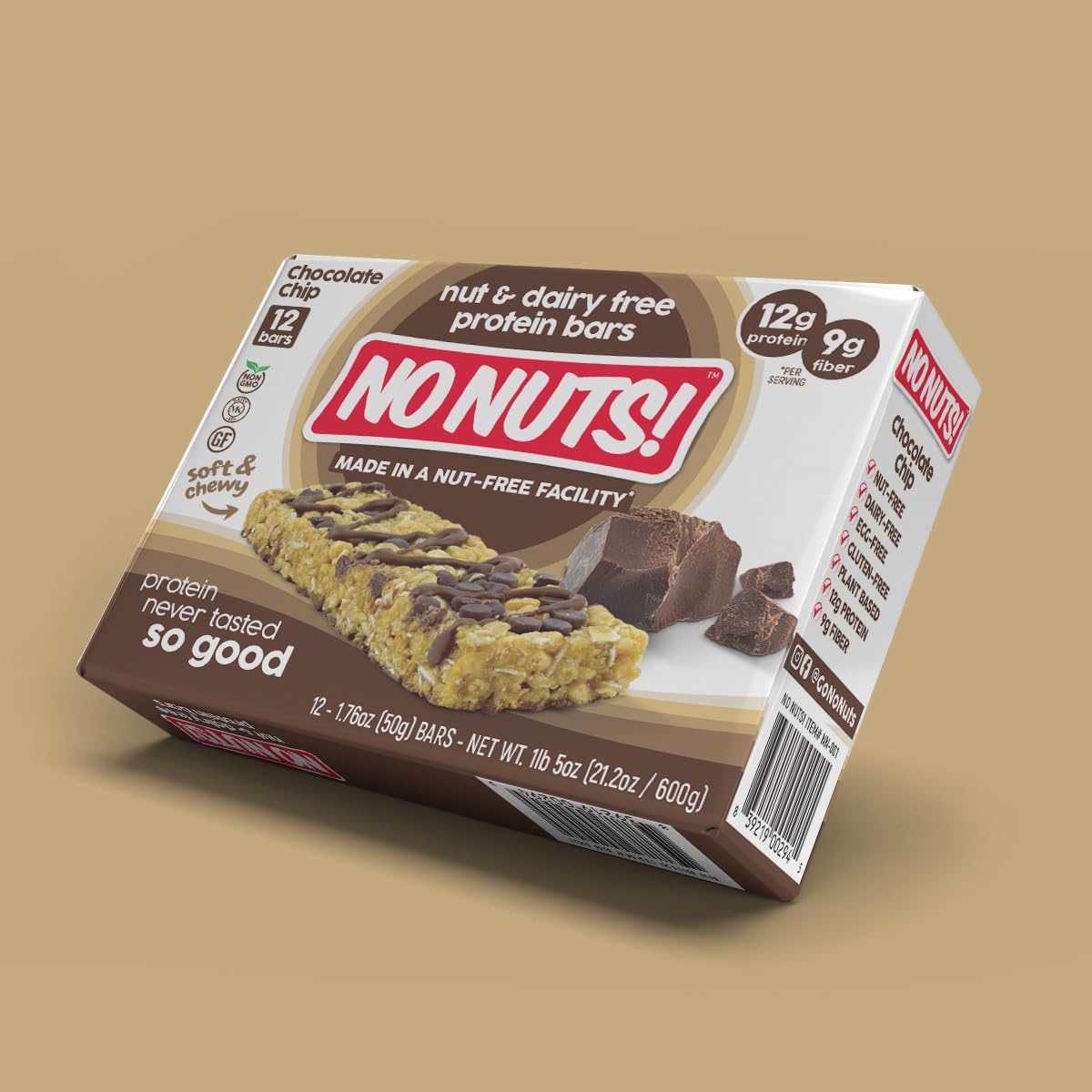 No Nuts! Chocolate Chip Protein Bars, 100% Nut-Free, Vegan, Gluten-Free, Non-GMO, Organic, Kosher, 12 Count