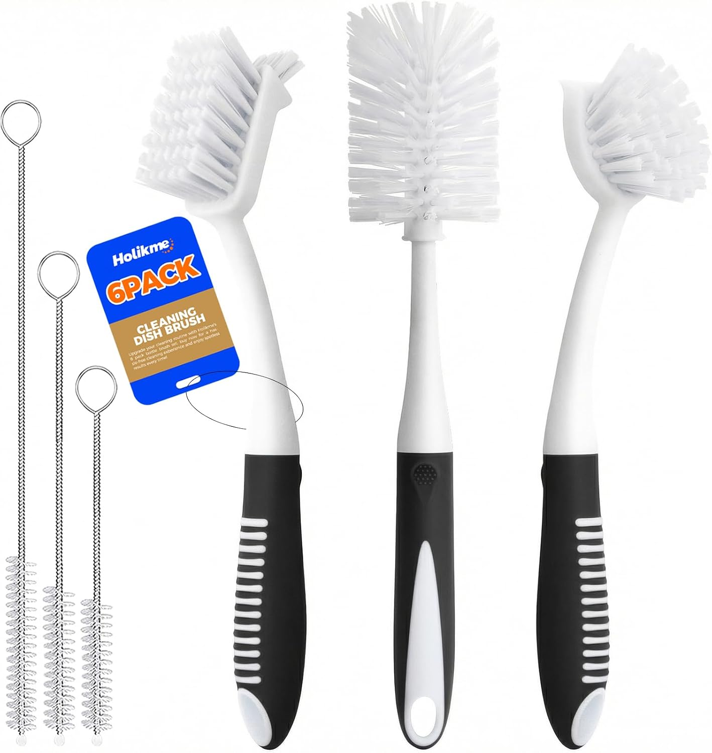 Holikme 6 Pack Dish Brush Set with Bottle Brush, Dish Scrub Brush,Gray | Pan Brush and 3 Straw Brushes, Deep Cleaning Handle Brush with Scraper Tip for Kitchen Sink Dishes Bottle Cup Pot and Pans