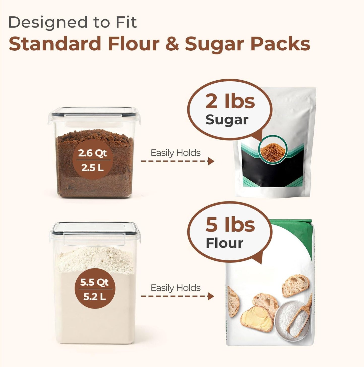 ComSaf Airtight Flour and Sugar Container 2.6Qt & 5.5Qt 3Pack, Wide Mouth | Plastic Food Storage Canister with Lid, Flour Sugar Cereal Rice Oats, Pantry Kitchen, Stackable Baking Supplies, Label, Scoop