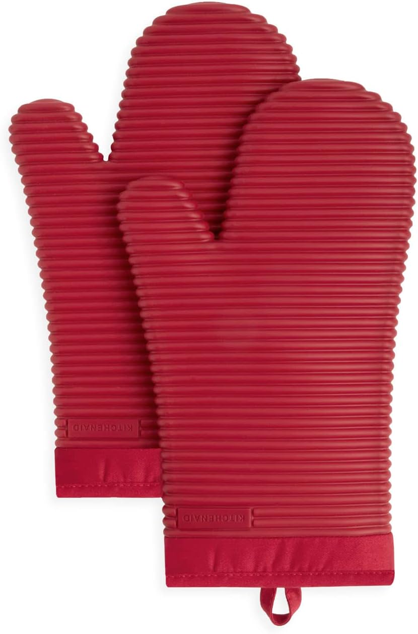 KITCHENAID Ribbed Soft Silicone Oven Mitt 2-Pack Set, 7.5"x13", Milkshake Tan