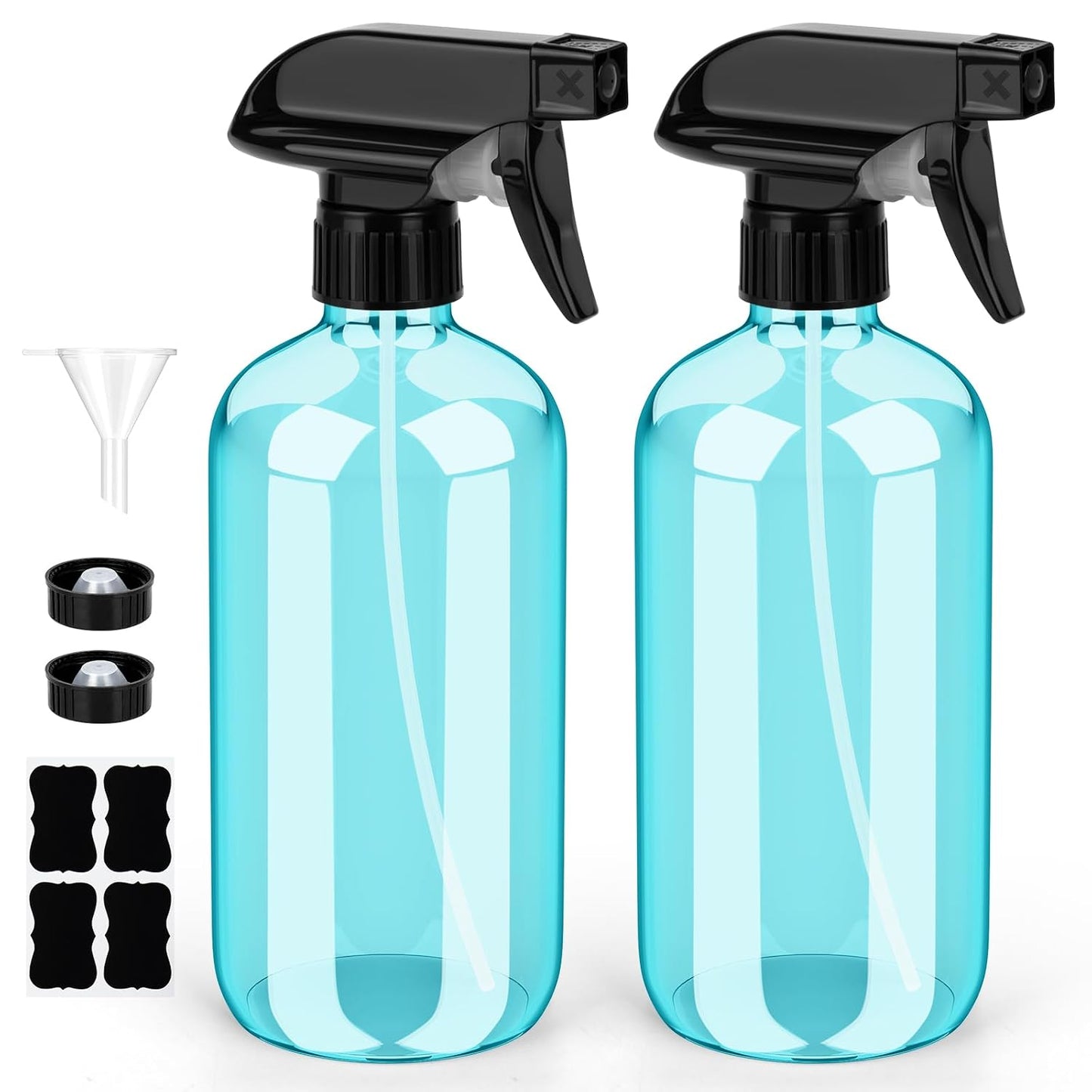 Bontip Glass Spray Bottle 16 oz for Cleaning, Plants (2 Pack, Amber) | Refillable amber spray bottle Set, BPA-free eco glass, With labels and funnel, Great for cleaners, plant misting, hair care