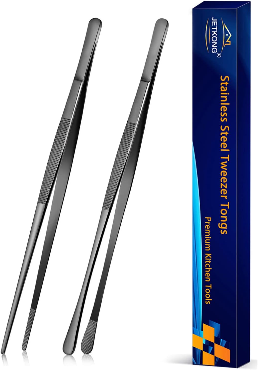 JETKONG 2 Pcs 12-Inch Kitchen Tweezers Tongs with Precision Serrated Tips, Stainless Steel Chef Tweezer Professional Cooking Tweezers for BBQ, Plating and Serving (12-Inch, Black)