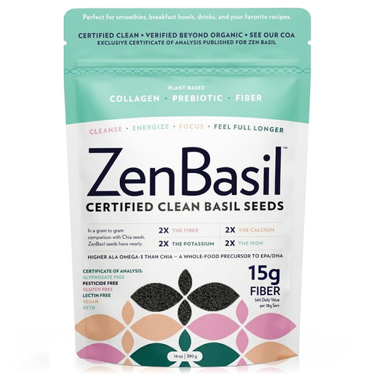 Zen Basil Seeds | edible basil seeds, kosher, non-gmo, lectin free, gluten free, plant based, keto, paleo, vegan | 15g fiber per/serv | 14oz | more fiber than chia seeds | prebiotic