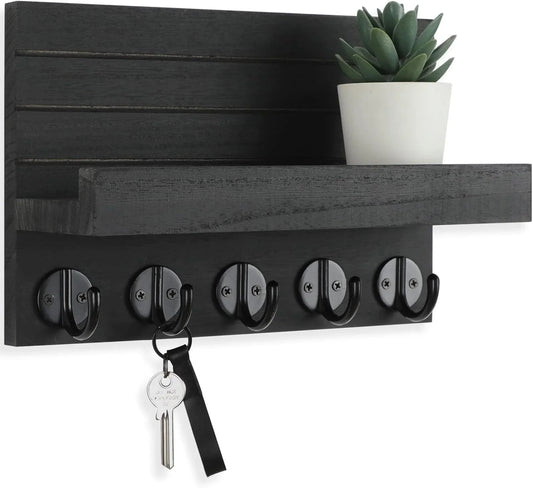 Wall Key Holder with Shelf, Hooks for Bags & Coats, Paulownia Wood, 9.8 x 6.7 x 4.2