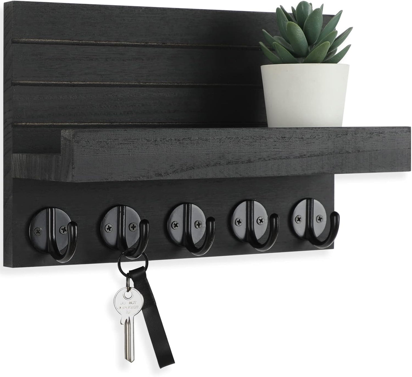 Lwenki Key Holder for Wall, Decorative Key and Mail Holder with Shelf Has Large Hooks for Bags, Coats, Umbrella – Paulownia Wood Key Hanger with Mounting Hardware (9.8”W x 6.7”H x 4.2”D)