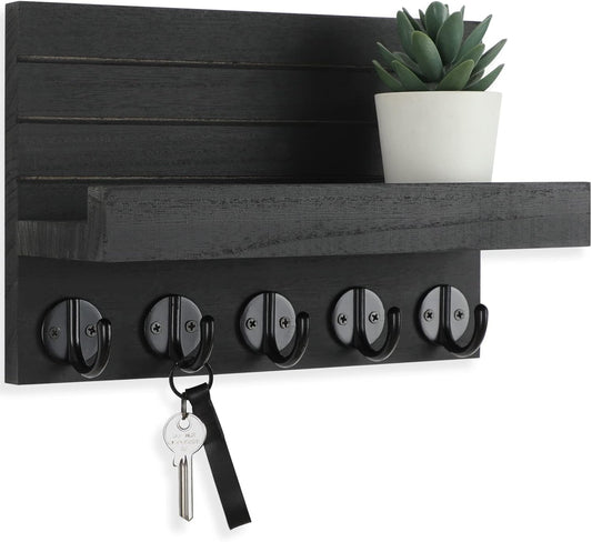 Lwenki Key Holder for Wall, Decorative Key and Mail Holder with Shelf Has Large Hooks for Bags, Coats, Umbrella – Paulownia Wood Key Hanger with Mounting Hardware (9.8”W x 6.7”H x 4.2”D)