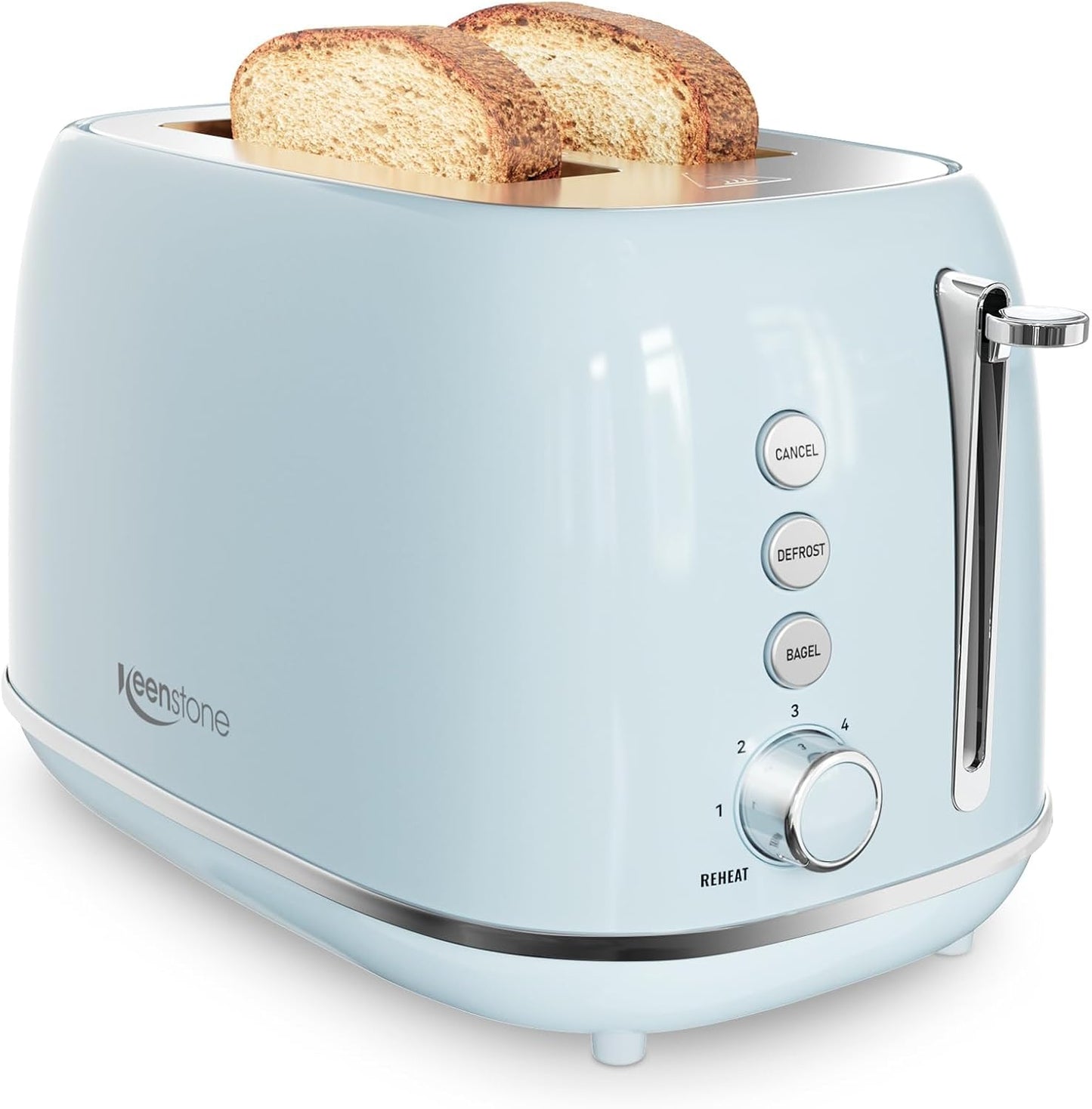 Keenstone 2 Slice Toaster, Retro Stainless Steel Kitchen Essentials, White | Retro Kitchen Decor, 18/8 Food-Grade Steel, 1.5” Slots & 6 Browning Levels, Bagel/ Defrost/ Reheat, Removable Crumb Tray