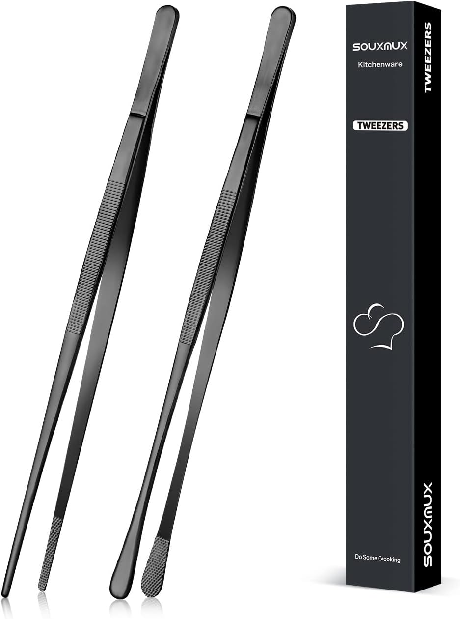 2 Pcs 12-inch Cooking Tweezers Tongs Precision Serrated Tips, Stainless Steel Professional Chef Tweezer Kitchen Tools for BBQ, Plating and Serving (Black)