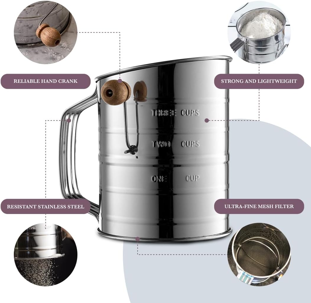 Bellemain 3 Cup Flour Sifter for Baking Fine Mesh Rotary Hand Crank with Loop Agitator for Quick Sifting, Flour Sifter Stainless Steel