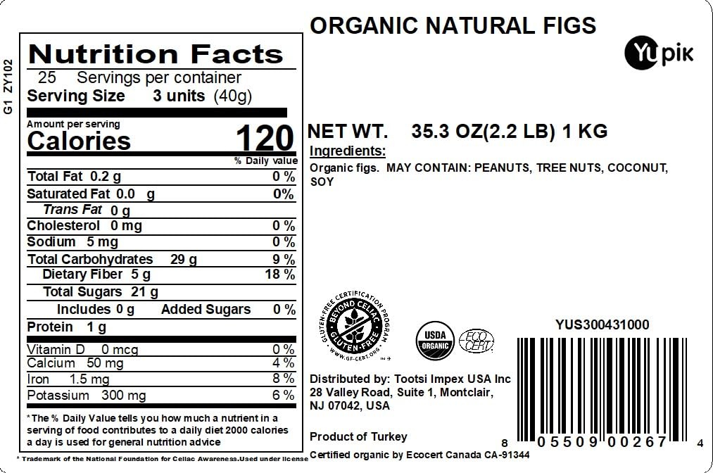 Organic Whole Dried Figs, 2.2 lb, Gluten-Free, Non-GMO, Vegan, Good Source of Fiber