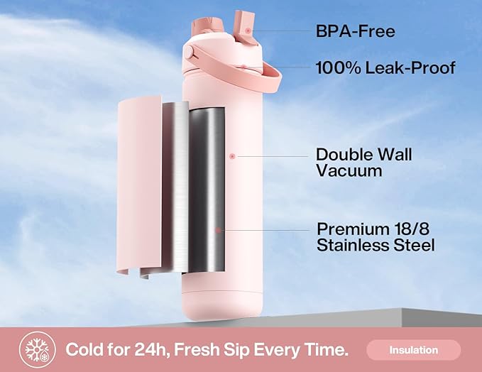 26 oz Insulated Water Bottle with 2-in-1 Straw and Spout Lid, Keep Cold 24H, Leak-Proof, Fits in Car Cup Holder, Stainless Steel Water Bottle for Sports, Travel, and School (Cotton Candy)