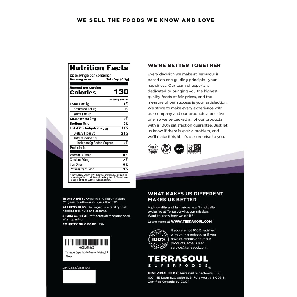 Terrasoul Superfoods Organic Raisins, 2 Lbs, Seedless, No-Sugar Added, No Preservatives