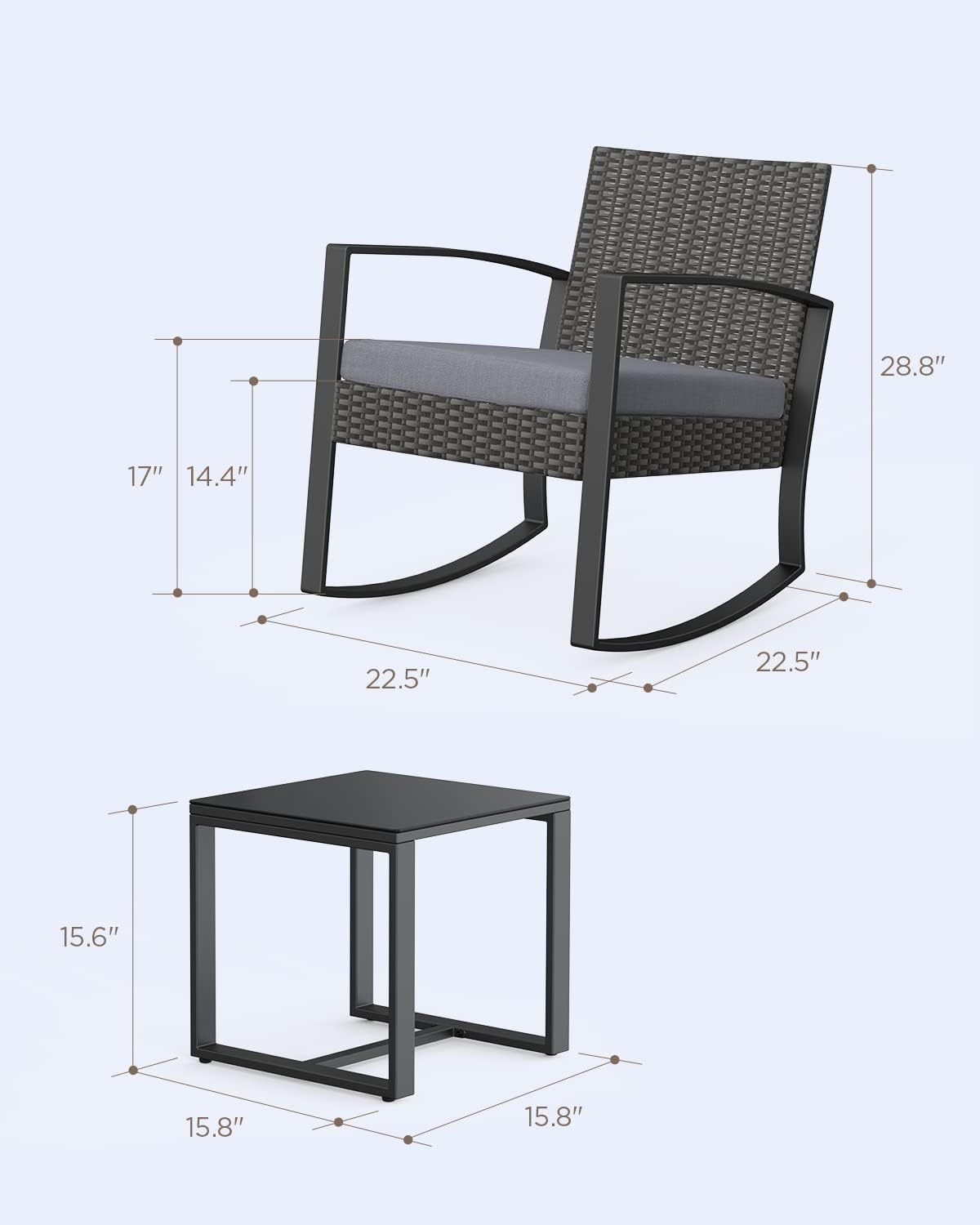 3 Pieces Outdoor Patio Furniture Set Rocking Bistro Set Outdoor Rattan Conversation with Coffee Table for Garden Balcony Backyard Poolside (Grey Cushion)
