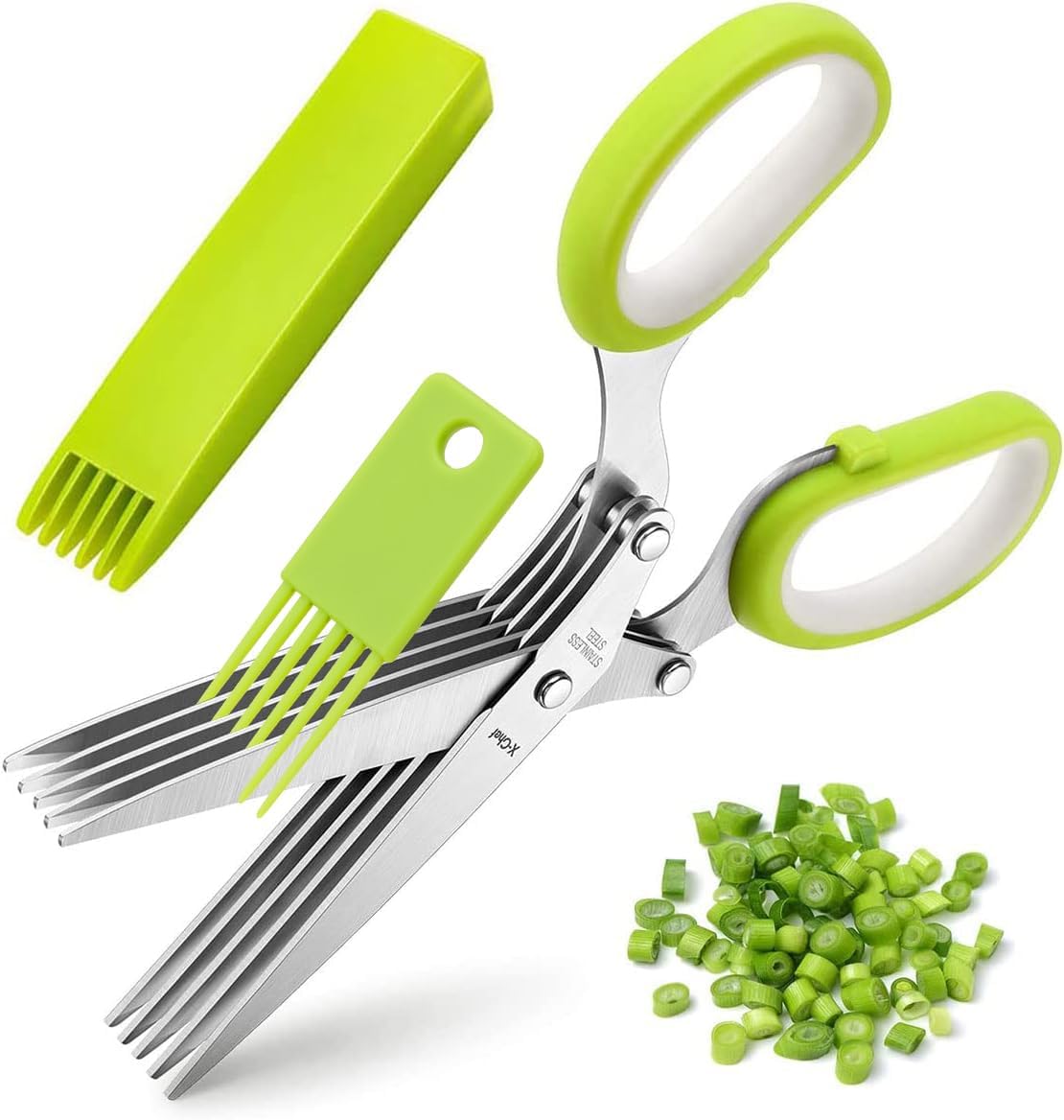 X-Chef Multipurpose 5 Blade Herb Scissors | Kitchen Herb Shears Herb Cutter with Safety Cover and Cleaning Comb for Chopping Basil Chive Parsley (Green)