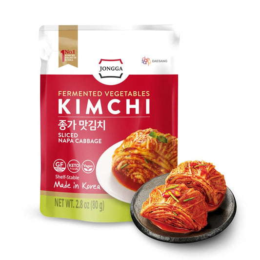 Spicy fermented kimchi napa cabbage in convenient pouches for ramen and stir-fries