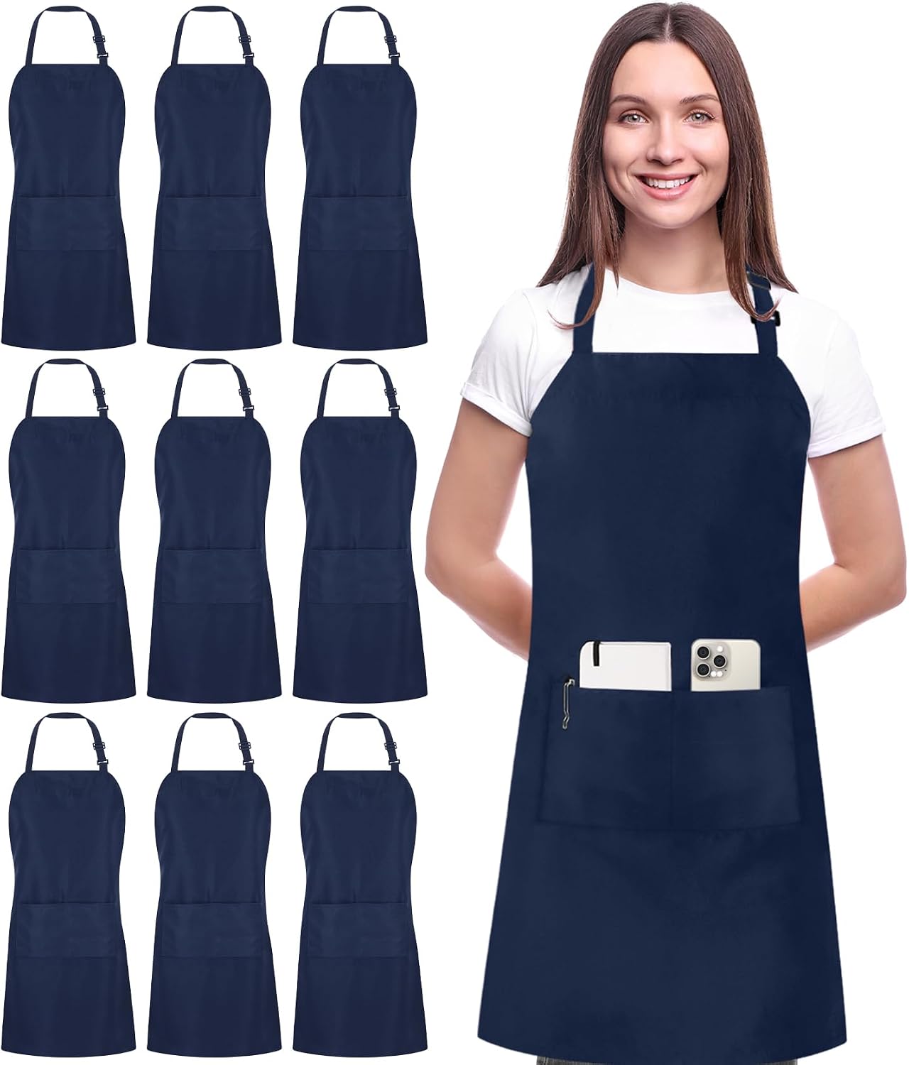 Utopia Kitchen 10 Pack Bib Apron Adjustable with 2 Pockets, Water and Oil Resistant, Cooking Kitchen Chef Apron for Women Men