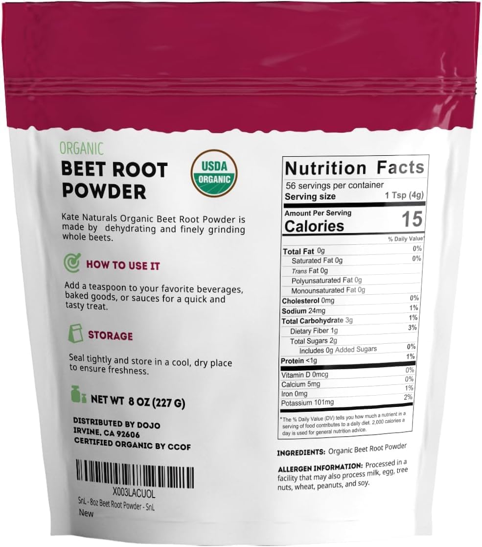Kate Naturals Organic Beet Root Powder for Smoothies, Baking & Juice. Raw Beetroot Superfood & Natural Red Food Coloring (8oz, Non-GMO, Earthy Flavor)