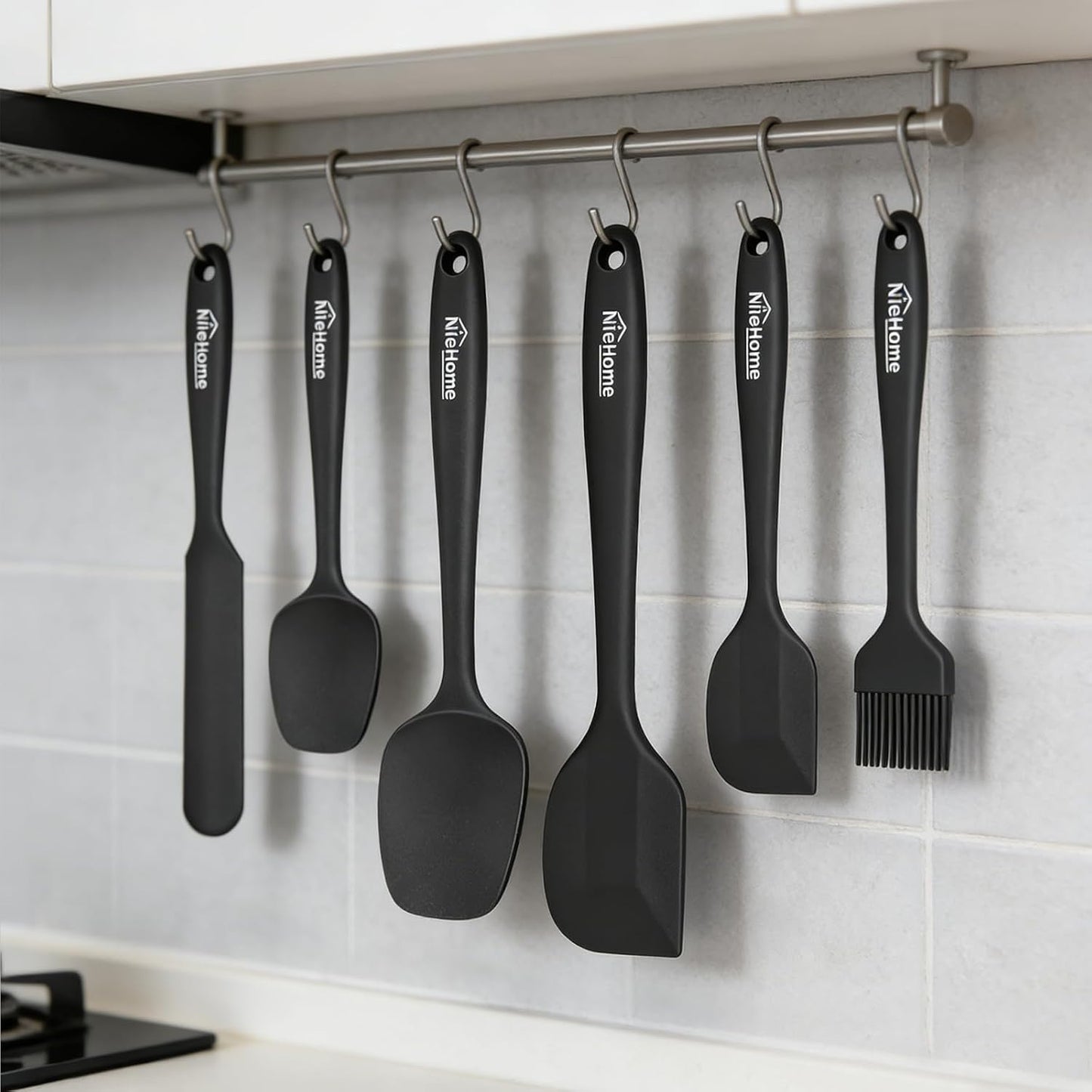 NileHome Silicone Spatula Set, 6 Pieces Food Grade Kitchen Utensils with Silicone Brush Heat Resistant Up to 600°F Dishwasher Safe BPA-Free Rubber Spatula for Scraping, Baking, Cooking, Mixing-Black