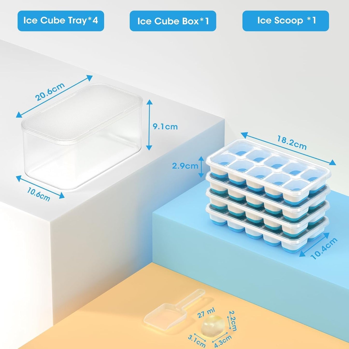 DOQAUS Ice Cube Tray with Lid and Bin - 4 Pack Silicone Ice Cube Trays for Freezer, Stackable Ice Bucket Kits with Storage Container & Scoop for Kitchen, RV, Cocktail, Coffee