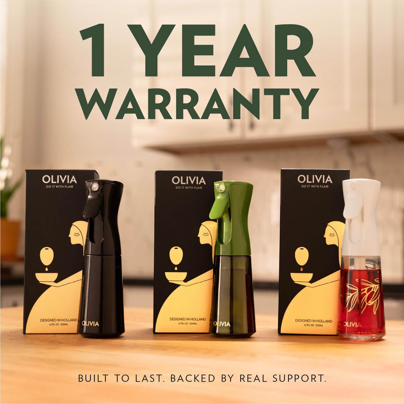 FLAIROSOL OLIVIA SIGNATURE Oil Sprayer for Cooking, 200ml Glass, Green/Gold | Portion control mist for air fryer, salad, BBQ, refillable & reusable, fine mist olive oil kitchen sprayer, anti-drip